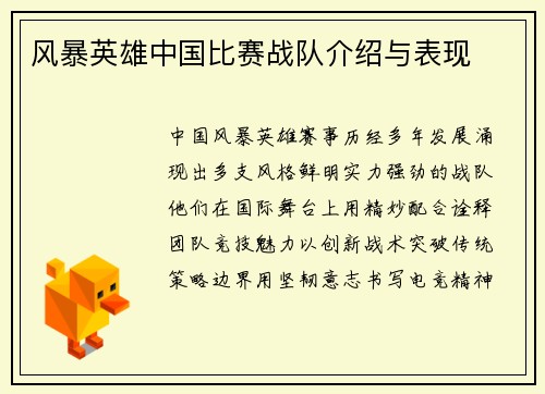 风暴英雄中国比赛战队介绍与表现