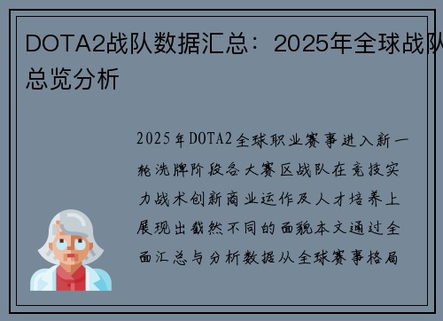 DOTA2战队数据汇总：2025年全球战队总览分析