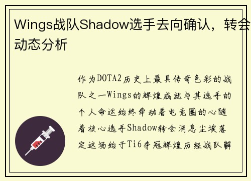 Wings战队Shadow选手去向确认，转会动态分析